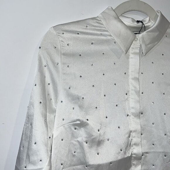 White Satin button front Rhinestone Womens Blouse size Small - Picture 4 of 12